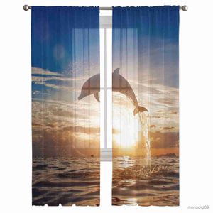 Curtain Dolphin Dusk Sea Jumping Sheer Window Curtains for Bedroom The Living Room Modern Tulle Curtains Drapes for Hotel Kitchen