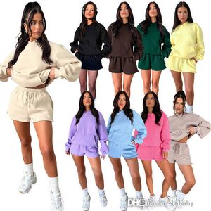 Casual Tracksuit Women 2023 Autumn Winter Two Piece Set Plain Sleeve Hooded Hoodie Sweatshirts Sport Jogger Outfits 2st Shorts Set Sweatsuits