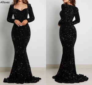 Glänzende schwarze Pailletten Meerjungfrau Prom Kleider Plus Größe mit langen Ärmeln Frauen besondere Anlässe Partykleider Schlanker montierter Promi Rote Gala Abend Formale Kleid CL2722