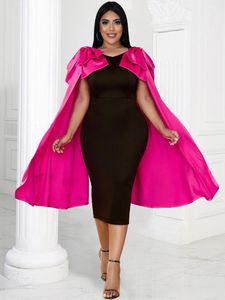 Plus Size Dresses Party for Women Black Rose Patchwork Bowtie Cape Sleeve BodyCon Firar Classy Evening Midi Outfits 4xl
