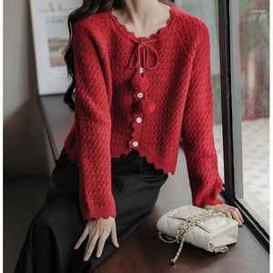 Women's Sweaters 2023 Autumn And Winter Christmas Three-dimensional Wool Ball Drawstring Sweater Style Fine Crochet Knit Cardigan