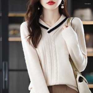 Women's Sweaters V-neck Colour Blocking Knitted Jumper 2023 Autumn And Winter Wool Loose Comfortable Long-sleeved Pullover Top
