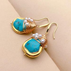 Charm YYGEM 21x27mm Blue Turquoise Cultured White Pearl Gold Plated Twist Hook Dangle Earrings Stone Jewelry 230816