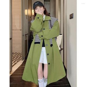 Women's Trench Coats Korean Coat Loose Casual Single-breasted Overcoat Spring 2023 Green Long Over Knee Striped Shawl Windbreaker