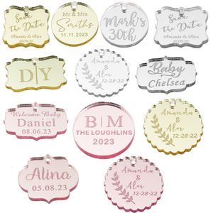 Other Event Party Supplies 100Pcs Personalized Wedding Gift Tags Engraved Acrylic Mirror Tag Circle Luxury Tags Cake Charms For Chocolate Baby SHower Favor 230815