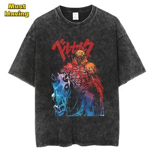 メンズTシャツアニメバーセルクグラフィックTシャツメン用のヴィンテージブラックウォッシュコットンティートップ