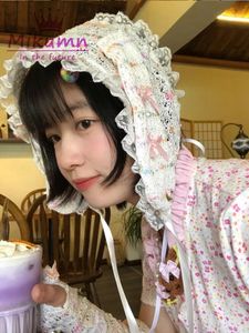 Beanie/Skull Caps Japanese Harajuku Girls Kawaii Knitted Rabbit Ear Lace-up Hats Lolita Sweet Lace Bow Headband Caps 230815
