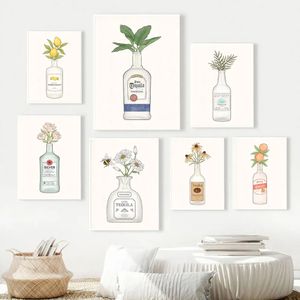 ピーチズテキーラウォッカ酒ボトルフラワーズキャンバスペインティングウォールアートアルコールシンプルな花のポスターとリビングルームの家の家の装飾WO6の写真
