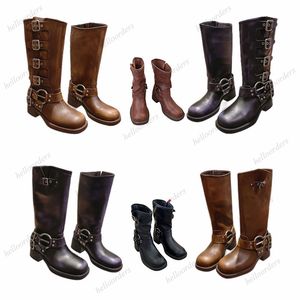 Designer Women Boots Miu Y2k Style Martin Boots High Platform Brown Leather Biker Boot Round Toe Chunky Heel Belt Buckle Trim Shoes