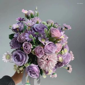 Bröllopsblommor Purple Buquets Rustic Rose Artificial Champagne Boda Bridal Bouquet Decoration for Bride PH66