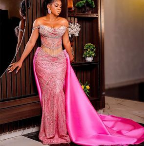 2023 August Aso Mermaid Pink Prom Dress Crystals Sexy Evening Party Second Sextipe Second Birthday Congragement Dresses Robe de Soiree Zj791