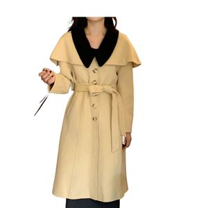 新しいファッション女性秋の冬の人形襟色ブロックサッシーミディロングウールコート