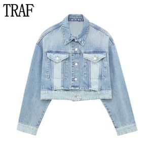 Женские куртки TRAF Blue Denim Jacket Женская обрезанная бомбардировка Женщина с длинным рукавом негабаритный размер для женской уличной одежды вырезан коутс женщина 230815