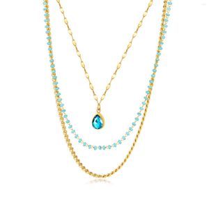 Chains Bohemian Multilayer Necklace Women's Glass Water Drop Pendant Exquisite Layered Choker Stainless Steel Jewelry 15inch 6cm
