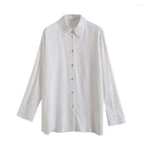 Women's Blouses Early Autumn Fashion Temperament Casual Lady All-match Lapel Long-sleeved Hollow Embroidery Linen Blend Shirt