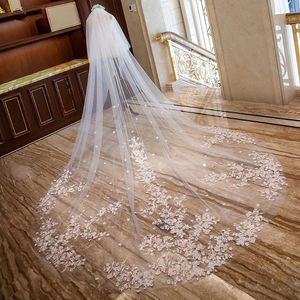 Velo da sposa matrimonio lungo due strati bordo in pizzo fiori rosa romantici blusher floreale appliqued velo bianco avorio sposa accessori