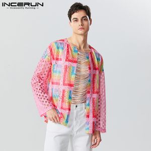 Męskie koszule swobodne modne topy Indeper Men Tracery Patchwork Seethrough Mesh Shirt Rekrut męski Bluzka bez rękawów S5XL 230815