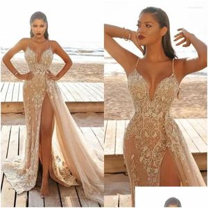 Basic Casual Dresses Sexy Women Wedding Dress Tle Lace Spaghetti Deep V-Neck High Split Maxi Fashion Formal Evening Party Drop Del Dha7S