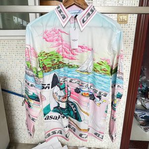 Mens Casual Shirts Thin Silk Casablanca Shirt Seaside Racing Surf Print Long Design Clothes Män Kvinnor Överdimensionerad Hawaii Beach Blus 230815