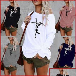 Women'S T-Shirt Sexy Off Shoder T Shirt Letters Printed Women Fashion Casual Autumn O Neck Long Sleeved Loose Plus Size Cotton Plove Dhcno