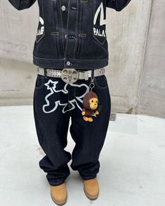 Herren Jeans Herren Hip Hop Retro Stardog Stickerei Y2K Baggy Black Denim Hosen Mode Casual Wide Bein Straight Streetwear