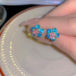 Stud Earrings Light Luxury Blue Crystal Flower For Women Girls Korean Fashion Pink Star Pendant Ear Travel Party Jewelry