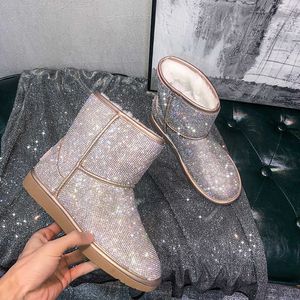 Stivali Bling Crystal Stivali da neve Women Silver glitter perline inverno Booties Piattaforma imbottita Piattaforma Botas Mujer Big Size 34-43 NS69