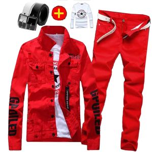 Men's Slim Fit Denim Jacket Pants 2pcs Set Long Sleeve Coats Letters Printed Casual Large Size Black White Red Boys Trousers