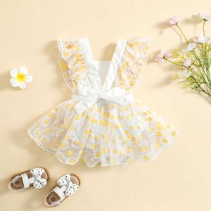 Girl's Dresses Infant Girls Romper Skirt Square Collar Sleeveless Bow Decor Princess Dress White/ Multi-color