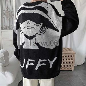 Męskie swetry japońskie anime jeden złożony luffy dzianin Sweater Oneck jesienny zima luźne luźne swetry długie rękawy ciepłe pullover streetwear J230806