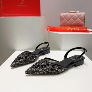 Rene Caovilla Sandals 패션 플랫 바닥 여성 포인트 발가락 랩 레이스 메쉬 메쉬 크리스탈 장식 드레스 슈즈 캐주얼 파티 공장 디자이너 신발 크기 35-43