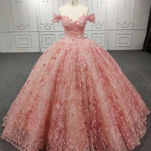 Pink Off-Shoulder Ball Gown Quinceanera Dresses Applique Beads Vestidos De 15 Anos Tull Skirt Princess Party Gowns