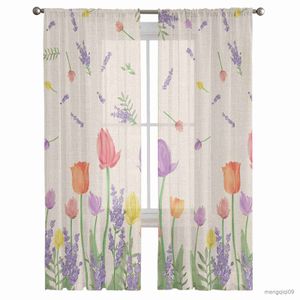 Curtain Tulip Lavender Plant Tulle Curtains for Living Room Bedroom Decoration Chiffon Sheer Kitchen Window Curtain Drapes