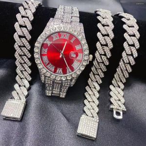 Avanadores de punho 3pcs masculino masculino calendário de hip hop Red Dial Dial Watch Colar Bracelet Jewelry Conjunto de jóias Bling Gold Silver Diamond Man Chain