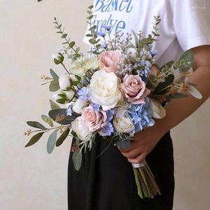 結婚式の花Eillyrosiaホワイトピンクトロピカルブライダルブライダルブルー青アジサイ緑のユーカリのビーチホールディ
