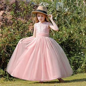 Vestidos de menina rosa tule tule tule vestido de flores sem mangas para casamento elegante criança primeiro comunhão