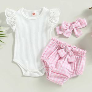 Conjuntos de roupas para bebês recém-nascidos, conjuntos de roupas de malha para bebês recém-nascidos, macacão xadrez com laço e shorts, roupas de verão