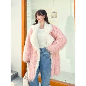 Moda longa jaquetas de inverno para as mulheres 2023 elegante falso mongólia casaco de pele de ovelha feminino lapela manga longa rosa jaqueta topos