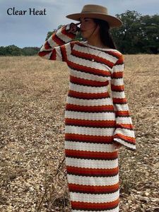 Urban Sexy Dresses Women Elegant Striped Backless Knitted Maxi Dress Female Flare Long Sleeve O Neck Dresses Summer Female Street Vestidos 230815