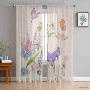 Curtain Butterfly Flower Spring Tulle Sheer Curtain for Living Room Adults Kid Bedroom Drapes Kitchen Decor Curtains R230816