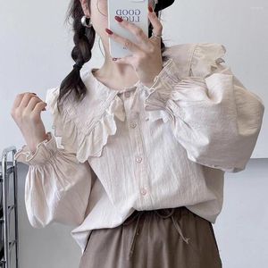 Blusas femininas 2023 Autumn japonês sen lace solta larga colarinho pólo de algodão longa camisa de boneca longa