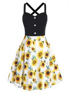 Lässige Kleider Derssfo Frauen Kleider plus Größe Sonnenblumen hoher Taille Mock Button Criss Cross Eine Linie Mini Garden Party 2023