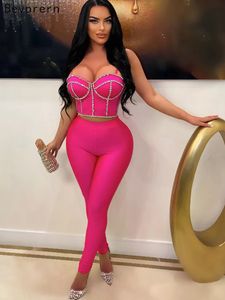 Calças de duas peças femininas Beyprern Chic Corset Crystal Leggings Set Glam Lantejoulas Roupas Conjuntos de Luxo Tracksuit Aniversário Outitfs Sexy Clubwear 230815