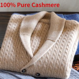 Herrtröjor Ankomsten förtjockad 100 Pure Cashmere Green Fruit Collar Cardigan Button Jacquard Sweater Coat Size S M L XL 2XL 3XL 230815