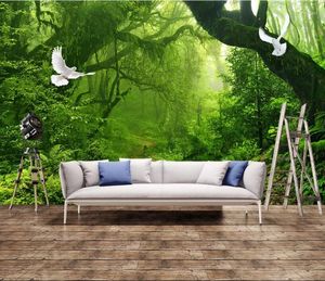 壁紙CJSIRカスタム3D壁紙自然景観新鮮な緑の森ビッグツリーホワイトピジョンテレビ背景壁のタペティの装飾