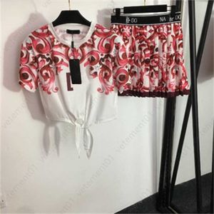 Summer Short Tracksuit Skim Two Piece Set Women Vintage Floral Letter Print Tie Knot Crop Top T Shirt And High Waist Pleated Lack Half Dress For Woman Designer Clothe