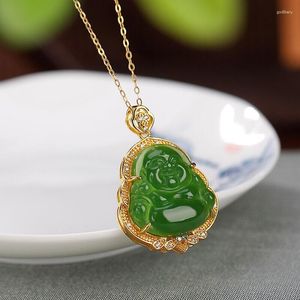 Kedjor naturlig klass A Green Jade Buddha med 925 Sterling Silver Pendant 1.3 tum h