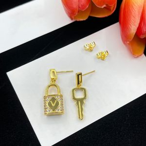 Women 18K Gold Plated Earrings with Diamond Personalized Lock Key Set Stainless Steel Earrings Luxury Party Jewelry with Gift Box