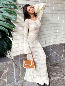 Basic Casual Dresses Beach Dress Women Sexy Bodycon Summer Long Sleeve Backless Party Female Maxi Dresses Ladies Hollow Out Knit Holiday Clothes 230815