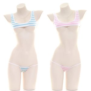 Sexy Set Women Cotton Stripe Print Bikini Camisoleles Japońska seksowna bielizna Lolita stroju kąpielowa erotyczne kostiumy stanik Biezyk pończochy 230815